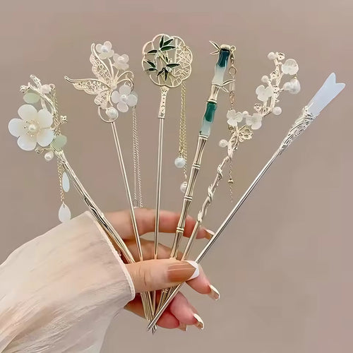 Elegant Chinese Tassel Hair Sticks – Set of 6 Floral Hairpins